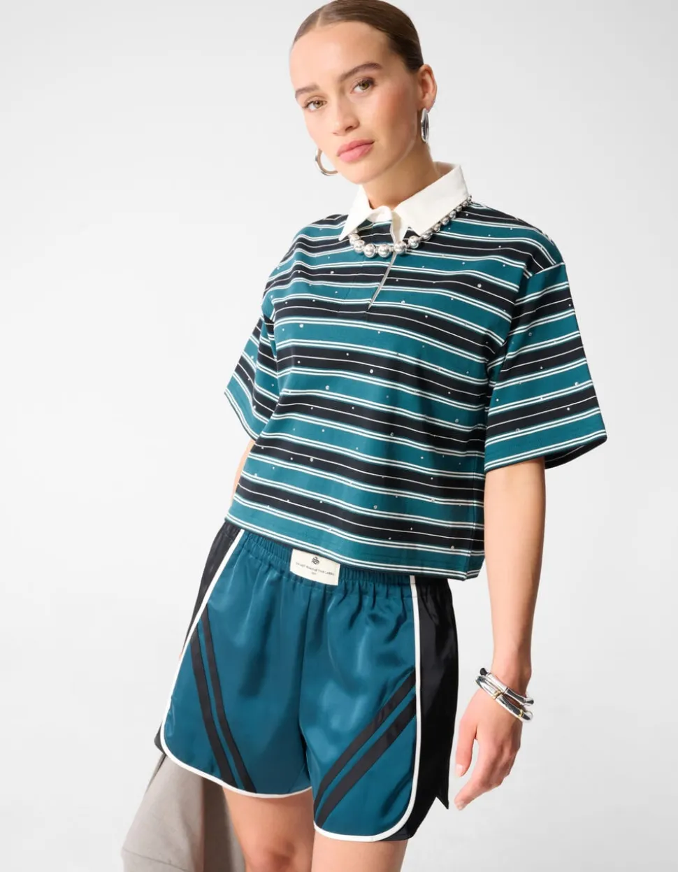 Strass Cropped Polo Petrol