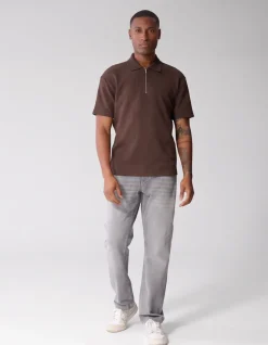 Stripe Structuur Zip Polo Donkerbruin