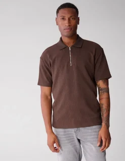 Stripe Structuur Zip Polo Donkerbruin