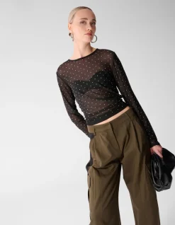 Studded Mesh Top Zwart