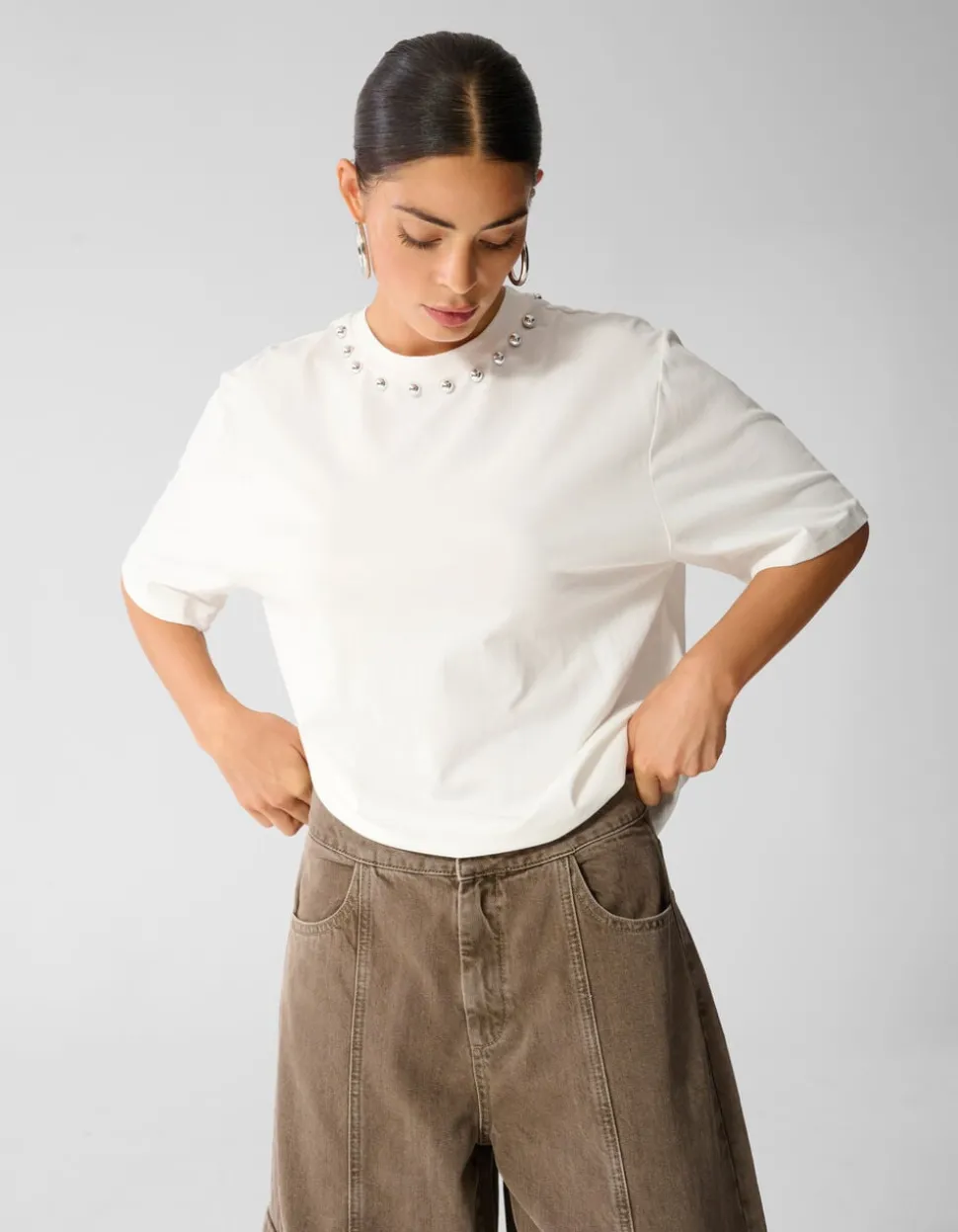 Studded T-shirt Gebroken Wit