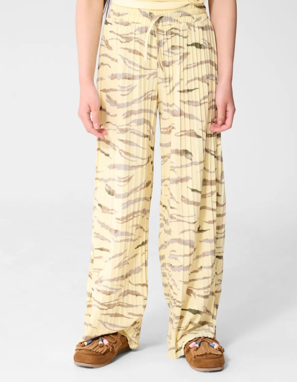 Tijger Plissé Wide Leg Broek Lichtgeel