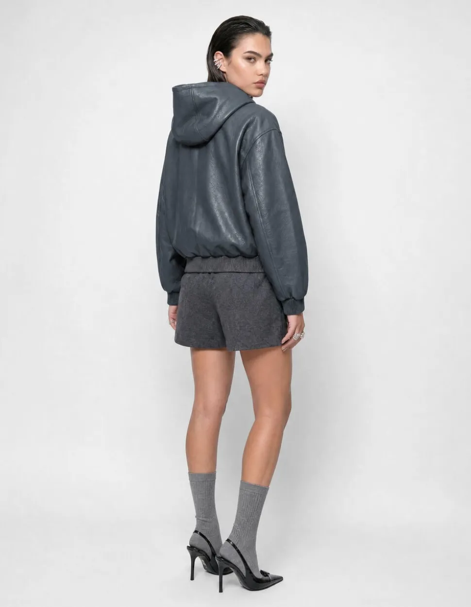 Vegan Leren Hooded Bomber Donkergrijs