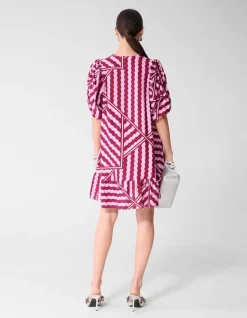 Wavy Printed Puffy Sleeve Mini Jurk Roze/Paars