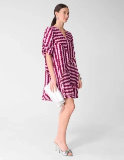 Wavy Printed Puffy Sleeve Mini Jurk Roze/Paars